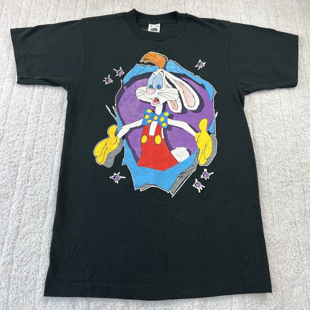 Who Framed Roger Rabbit? Vintage Single Stitch Black T-Shirt Medium Puff Graphic